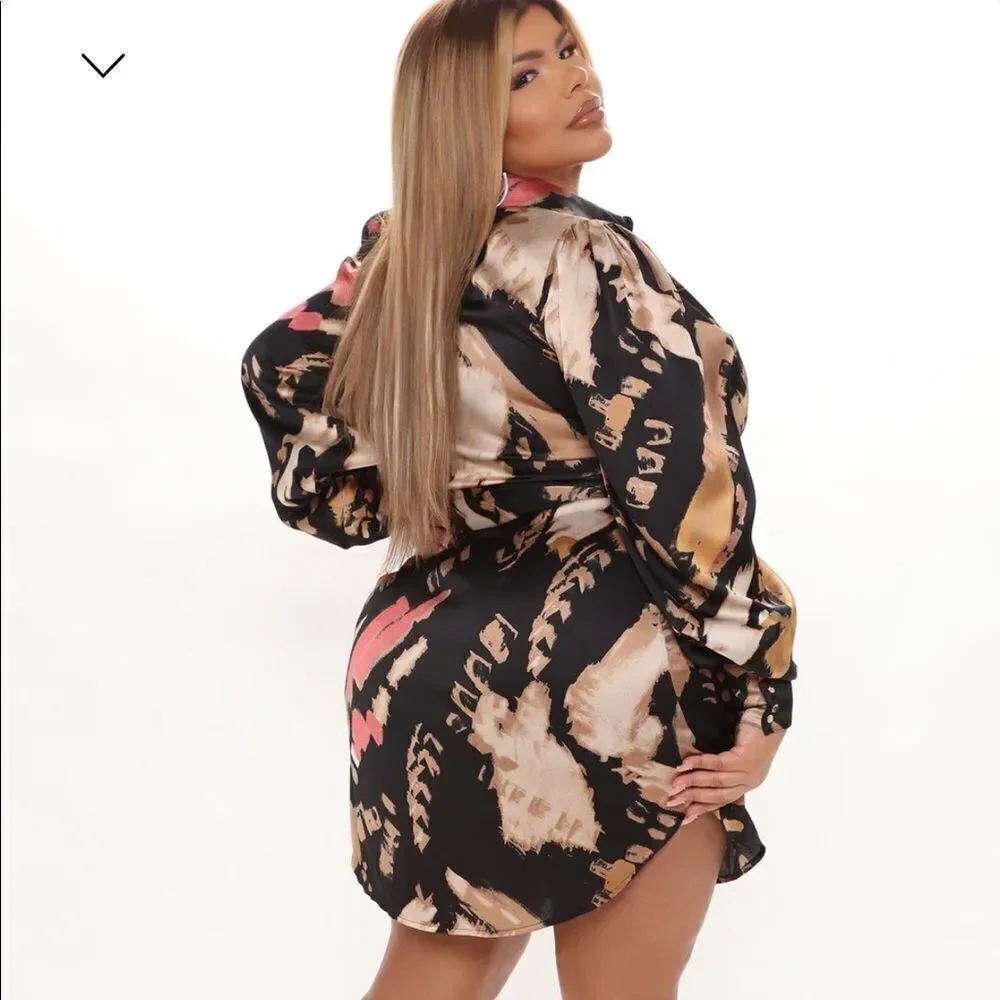 NWT Fashion Nova Avita Satin Shirt Dress - Black/combo - Size 3X